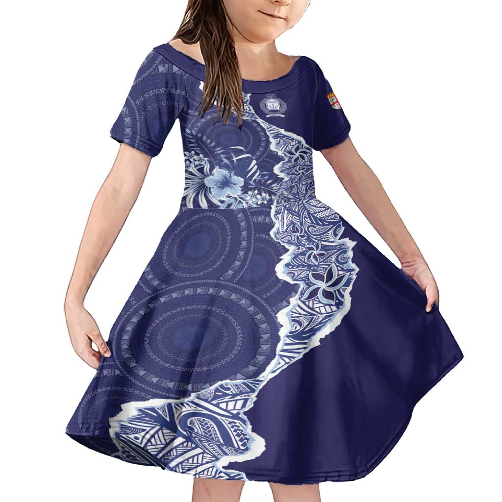 Fiji Queen Victoria School Personalised Family Matching Tank Maxi Dress and Hawaiian Shirt Masi Tapa Torn Style LT7 Daughter's Dress Blue - Polynesian Pride
