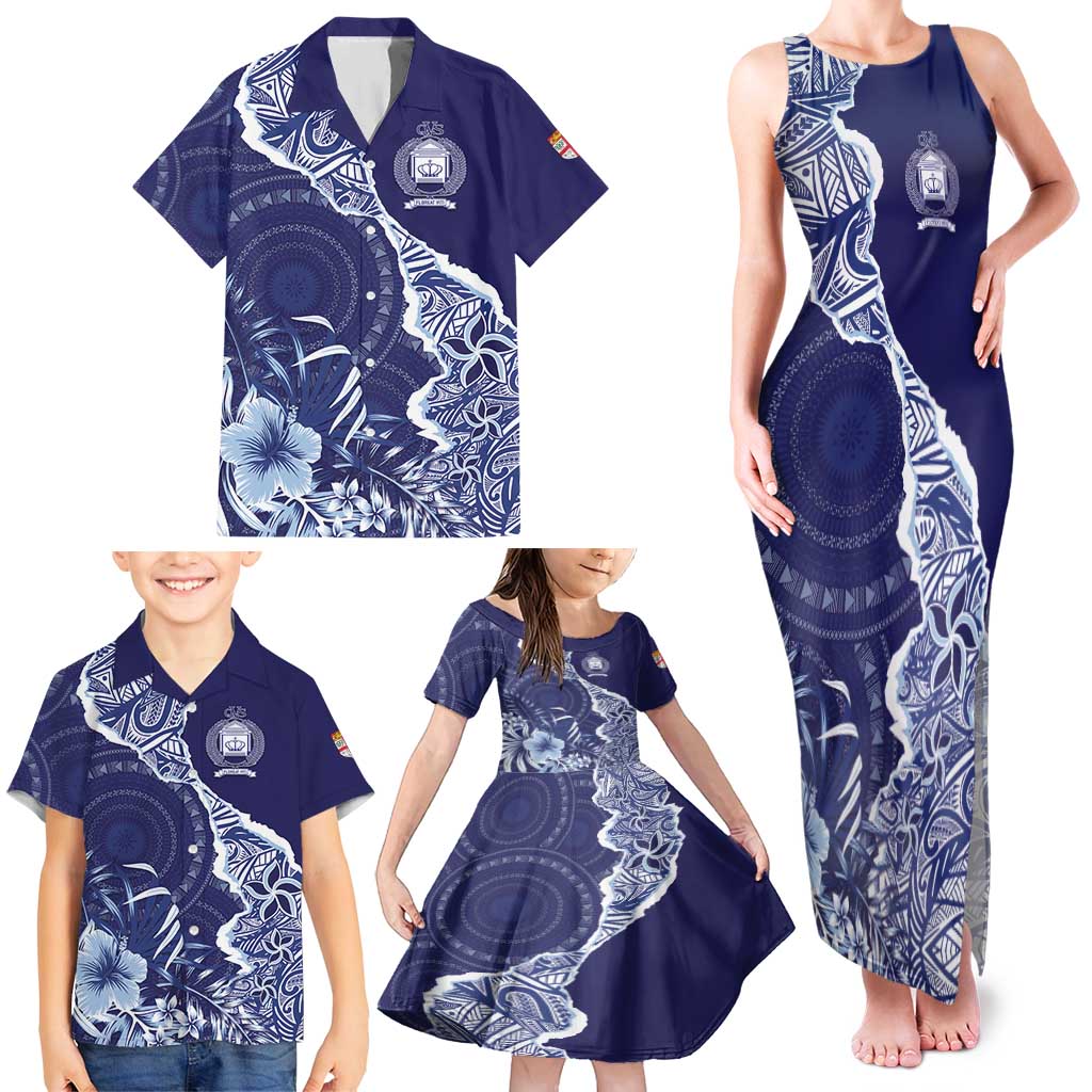 Fiji Queen Victoria School Personalised Family Matching Tank Maxi Dress and Hawaiian Shirt Masi Tapa Torn Style LT7 - Polynesian Pride