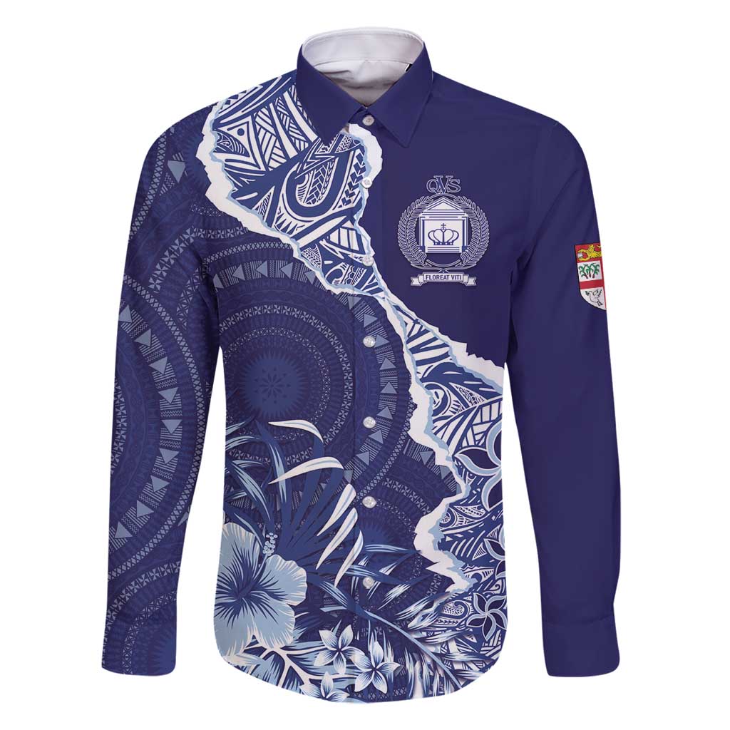 Fiji Queen Victoria School Personalised Family Matching Tank Maxi Dress and Hawaiian Shirt Masi Tapa Torn Style LT7 Dad's Shirt - Long Sleeve Blue - Polynesian Pride