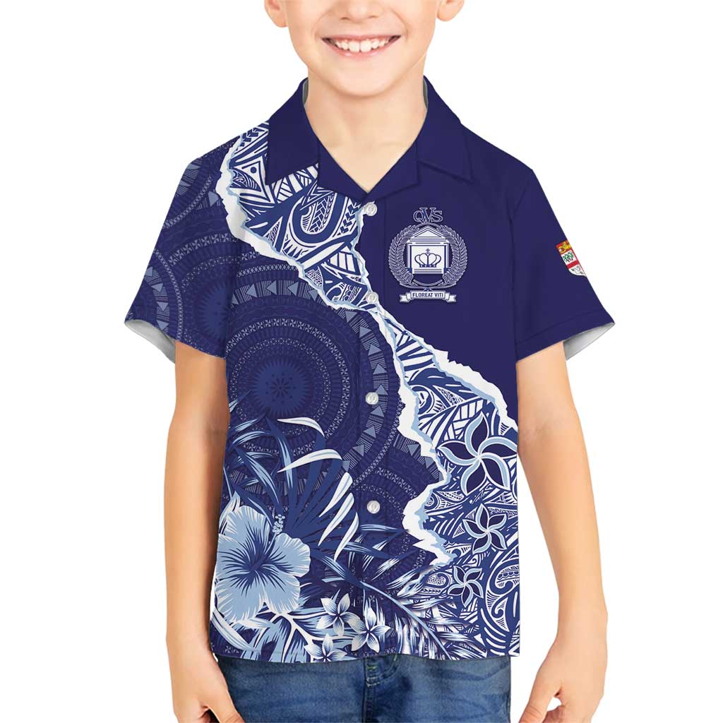 Fiji Queen Victoria School Personalised Family Matching Tank Maxi Dress and Hawaiian Shirt Masi Tapa Torn Style LT7 Son's Shirt Blue - Polynesian Pride