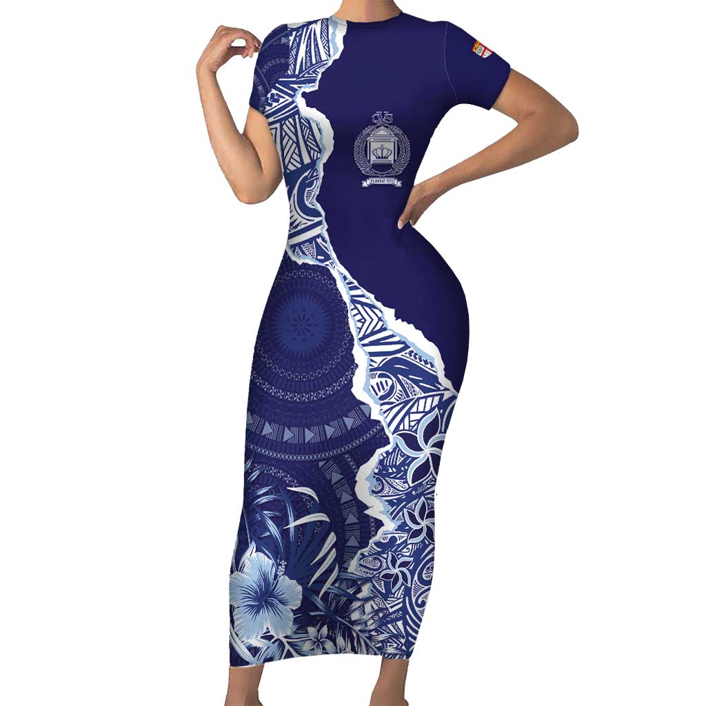 Fiji Queen Victoria School Personalised Short Sleeve Bodycon Dress Masi Tapa Torn Style LT7 Long Dress Blue - Polynesian Pride