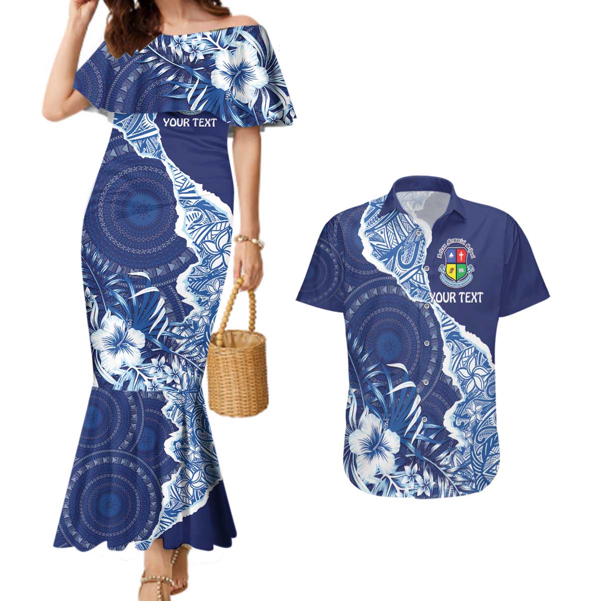 Fiji Lelean Memorial School Personalised Couples Matching Mermaid Dress and Hawaiian Shirt Korodredre Davuilevu Masi Mix Style LT7 Blue - Polynesian Pride