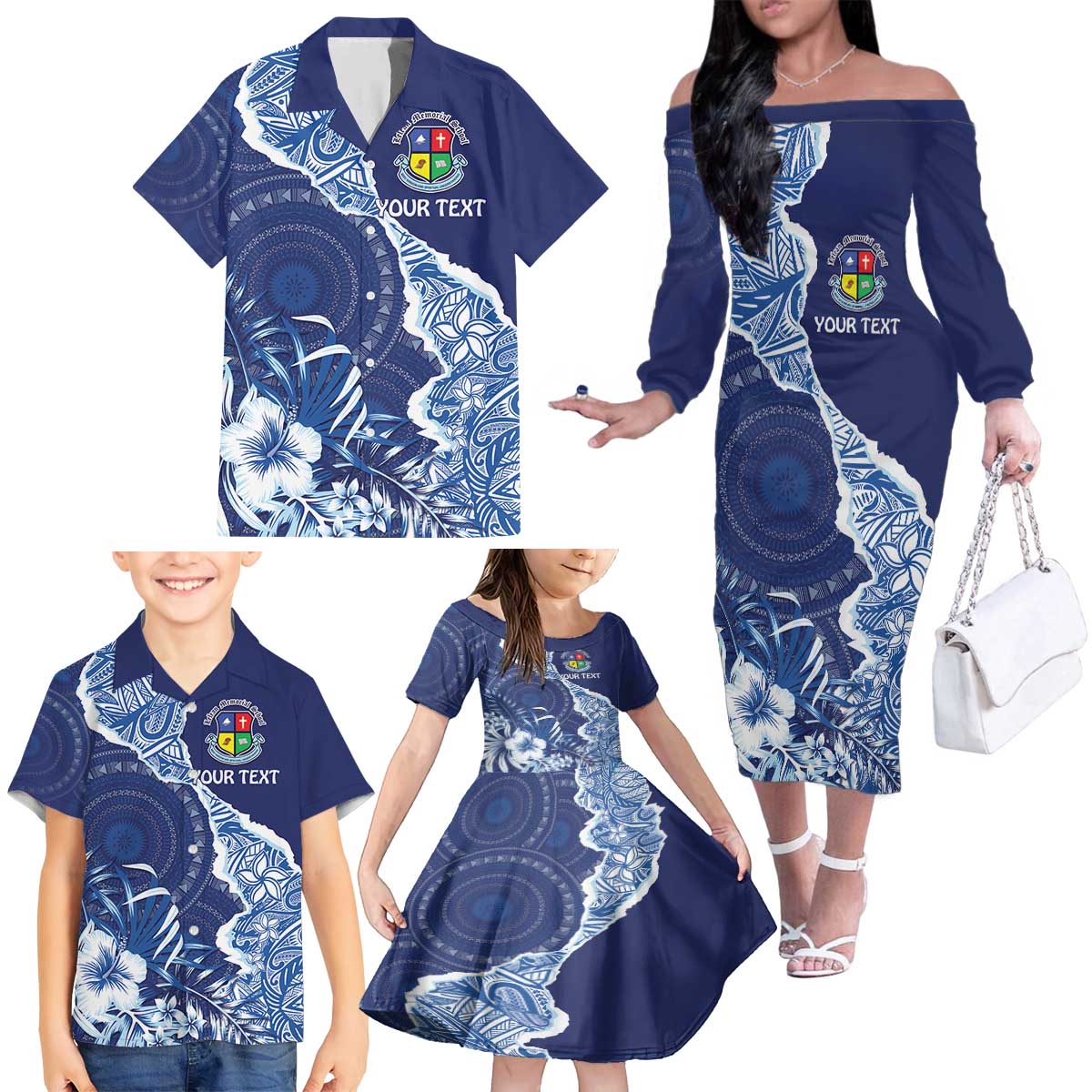 Fiji Lelean Memorial School Personalised Family Matching Off The Shoulder Long Sleeve Dress and Hawaiian Shirt Korodredre Davuilevu Masi Mix Style LT7 - Polynesian Pride