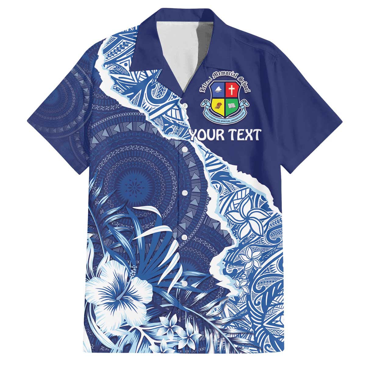 Fiji Lelean Memorial School Personalised Family Matching Off The Shoulder Long Sleeve Dress and Hawaiian Shirt Korodredre Davuilevu Masi Mix Style LT7 Dad's Shirt - Short Sleeve Blue - Polynesian Pride
