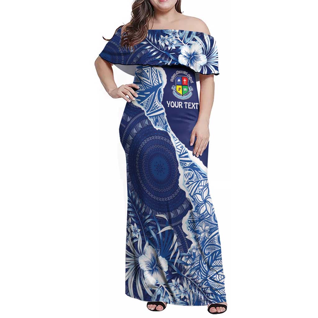 Fiji Lelean Memorial School Personalised Family Matching Off Shoulder Maxi Dress and Hawaiian Shirt Korodredre Davuilevu Masi Mix Style LT7 Mom's Dress Blue - Polynesian Pride