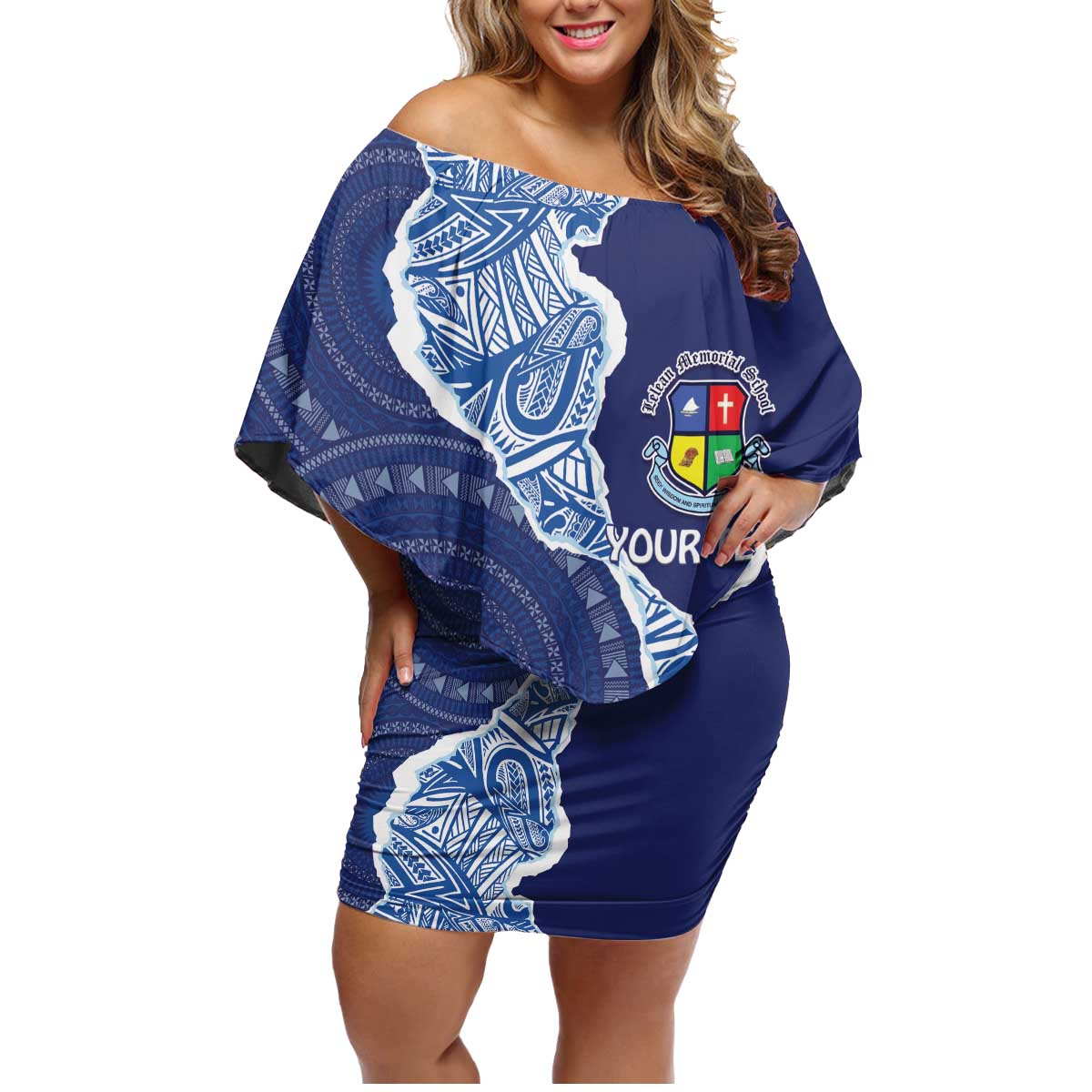 Fiji Lelean Memorial School Personalised Family Matching Off Shoulder Short Dress and Hawaiian Shirt Korodredre Davuilevu Masi Mix Style LT7 Mom's Dress Blue - Polynesian Pride