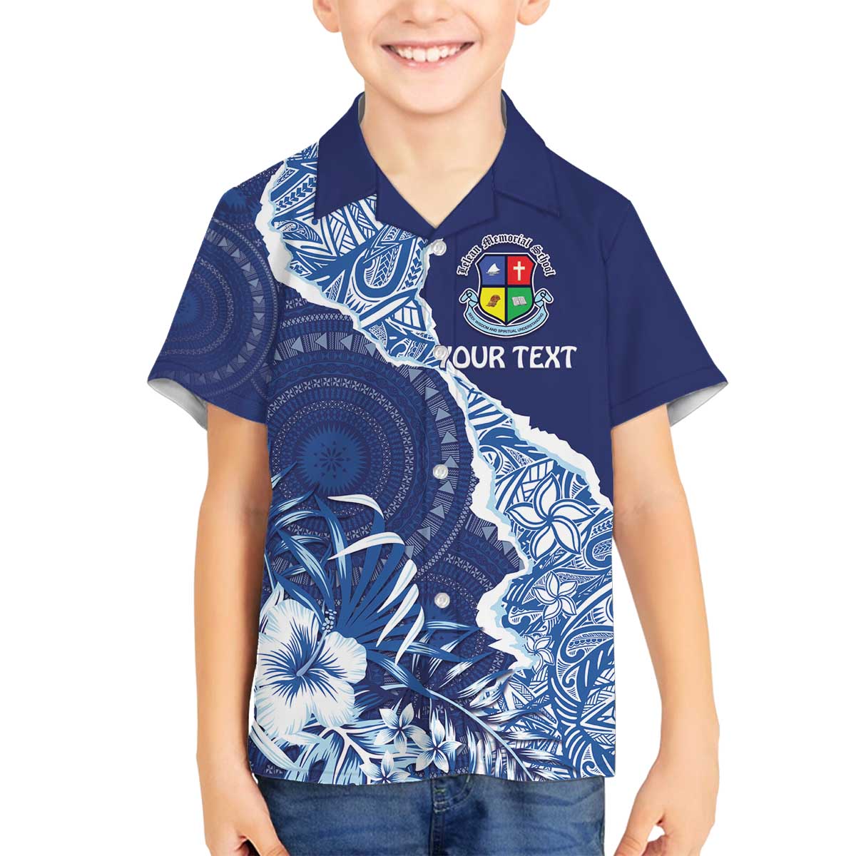 Fiji Lelean Memorial School Personalised Family Matching Off Shoulder Short Dress and Hawaiian Shirt Korodredre Davuilevu Masi Mix Style LT7 Son's Shirt Blue - Polynesian Pride