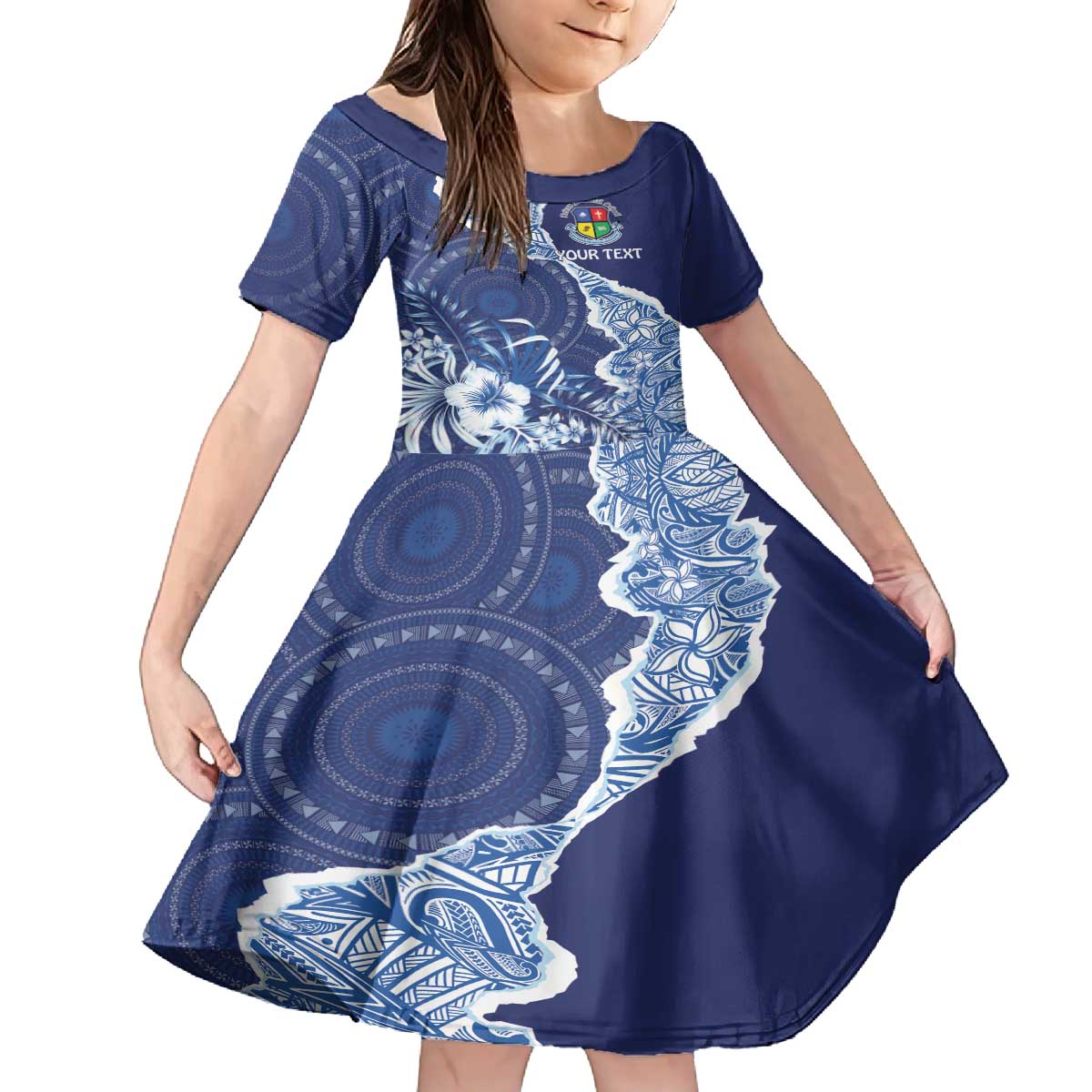 Fiji Lelean Memorial School Personalised Family Matching Puletasi and Hawaiian Shirt Korodredre Davuilevu Masi Mix Style LT7 Daughter's Dress Blue - Polynesian Pride