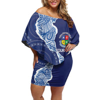 Fiji Lelean Memorial School Personalised Off Shoulder Short Dress Korodredre Davuilevu Masi Mix Style LT7 Women Blue - Polynesian Pride