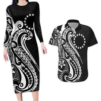 Kia Orana Cook Islands Couples Matching Long Sleeve Bodycon Dress and Hawaiian Shirt Kerekere Plumeria Tropical Waves LT7 Black - Polynesian Pride