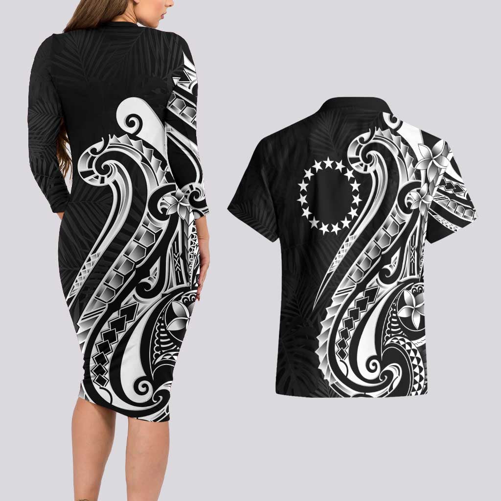 Kia Orana Cook Islands Couples Matching Long Sleeve Bodycon Dress and Hawaiian Shirt Kerekere Plumeria Tropical Waves LT7 - Polynesian Pride