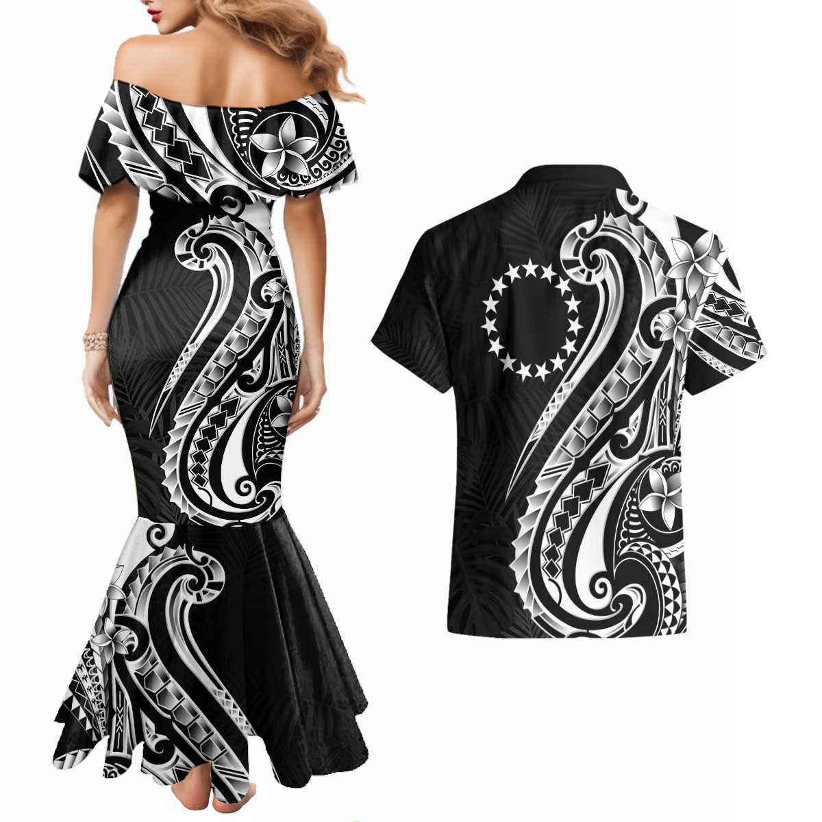 Kia Orana Cook Islands Couples Matching Mermaid Dress and Hawaiian Shirt Kerekere Plumeria Tropical Waves LT7 - Polynesian Pride