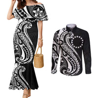 Kia Orana Cook Islands Couples Matching Mermaid Dress and Long Sleeve Button Shirt Kerekere Plumeria Tropical Waves LT7 Black - Polynesian Pride