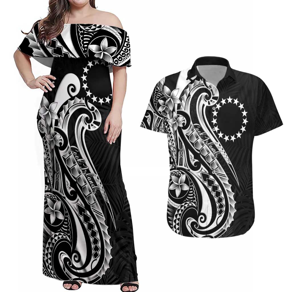 Kia Orana Cook Islands Couples Matching Off Shoulder Maxi Dress and Hawaiian Shirt Kerekere Plumeria Tropical Waves LT7 Black - Polynesian Pride