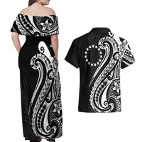 Kia Orana Cook Islands Couples Matching Off Shoulder Maxi Dress and Hawaiian Shirt Kerekere Plumeria Tropical Waves LT7 - Polynesian Pride