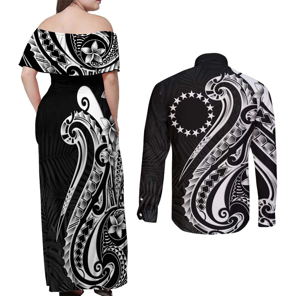Kia Orana Cook Islands Couples Matching Off Shoulder Maxi Dress and Long Sleeve Button Shirt Kerekere Plumeria Tropical Waves LT7 - Polynesian Pride