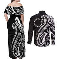 Kia Orana Cook Islands Couples Matching Off Shoulder Maxi Dress and Long Sleeve Button Shirt Kerekere Plumeria Tropical Waves LT7 - Polynesian Pride