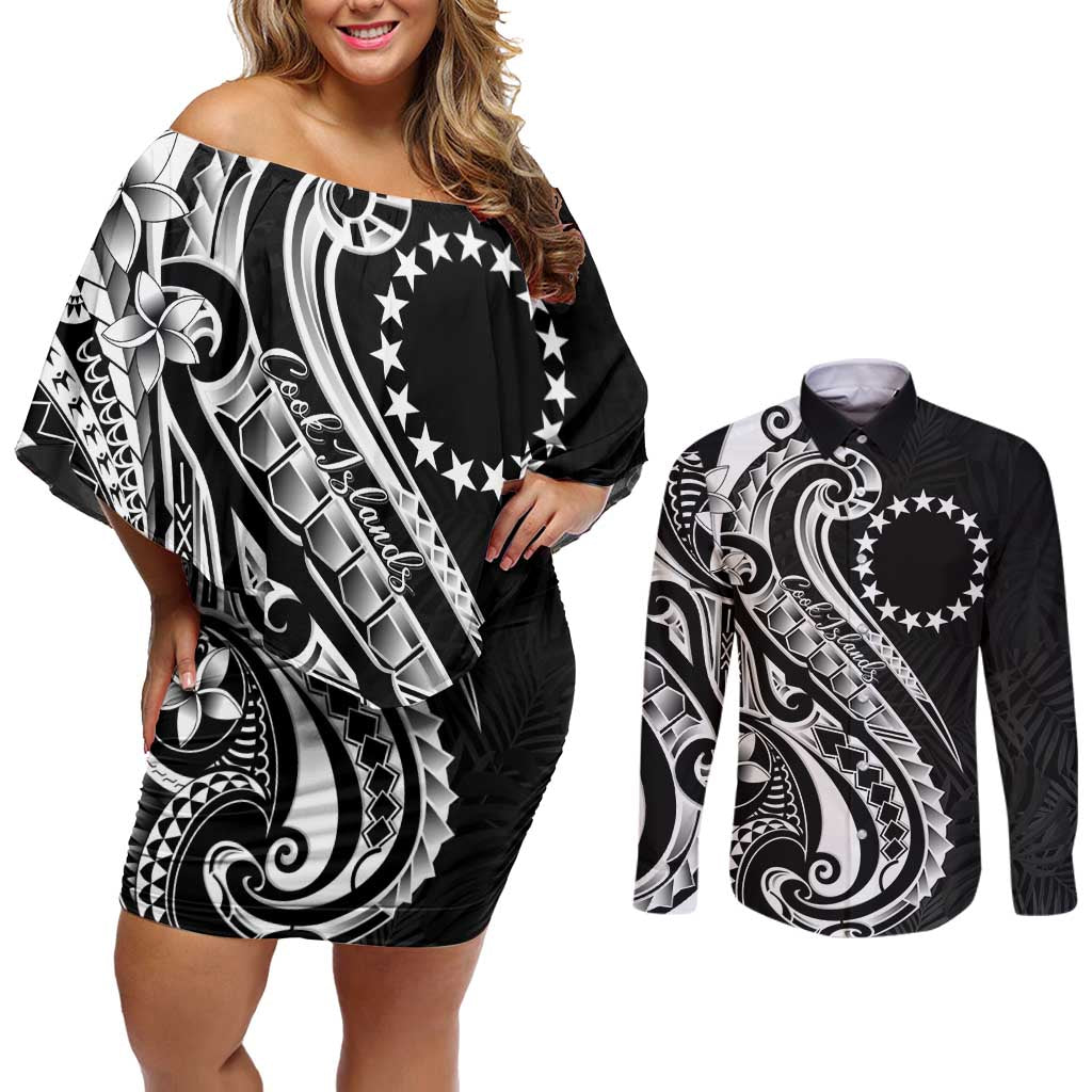 Kia Orana Cook Islands Couples Matching Off Shoulder Short Dress and Long Sleeve Button Shirt Kerekere Plumeria Tropical Waves LT7 Black - Polynesian Pride