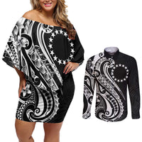 Kia Orana Cook Islands Couples Matching Off Shoulder Short Dress and Long Sleeve Button Shirt Kerekere Plumeria Tropical Waves LT7 Black - Polynesian Pride