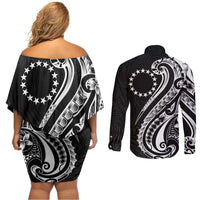 Kia Orana Cook Islands Couples Matching Off Shoulder Short Dress and Long Sleeve Button Shirt Kerekere Plumeria Tropical Waves LT7 - Polynesian Pride