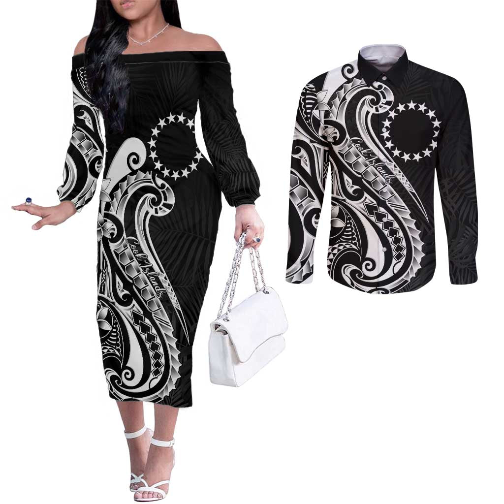 Kia Orana Cook Islands Couples Matching Off The Shoulder Long Sleeve Dress and Long Sleeve Button Shirt Kerekere Plumeria Tropical Waves LT7 Black - Polynesian Pride