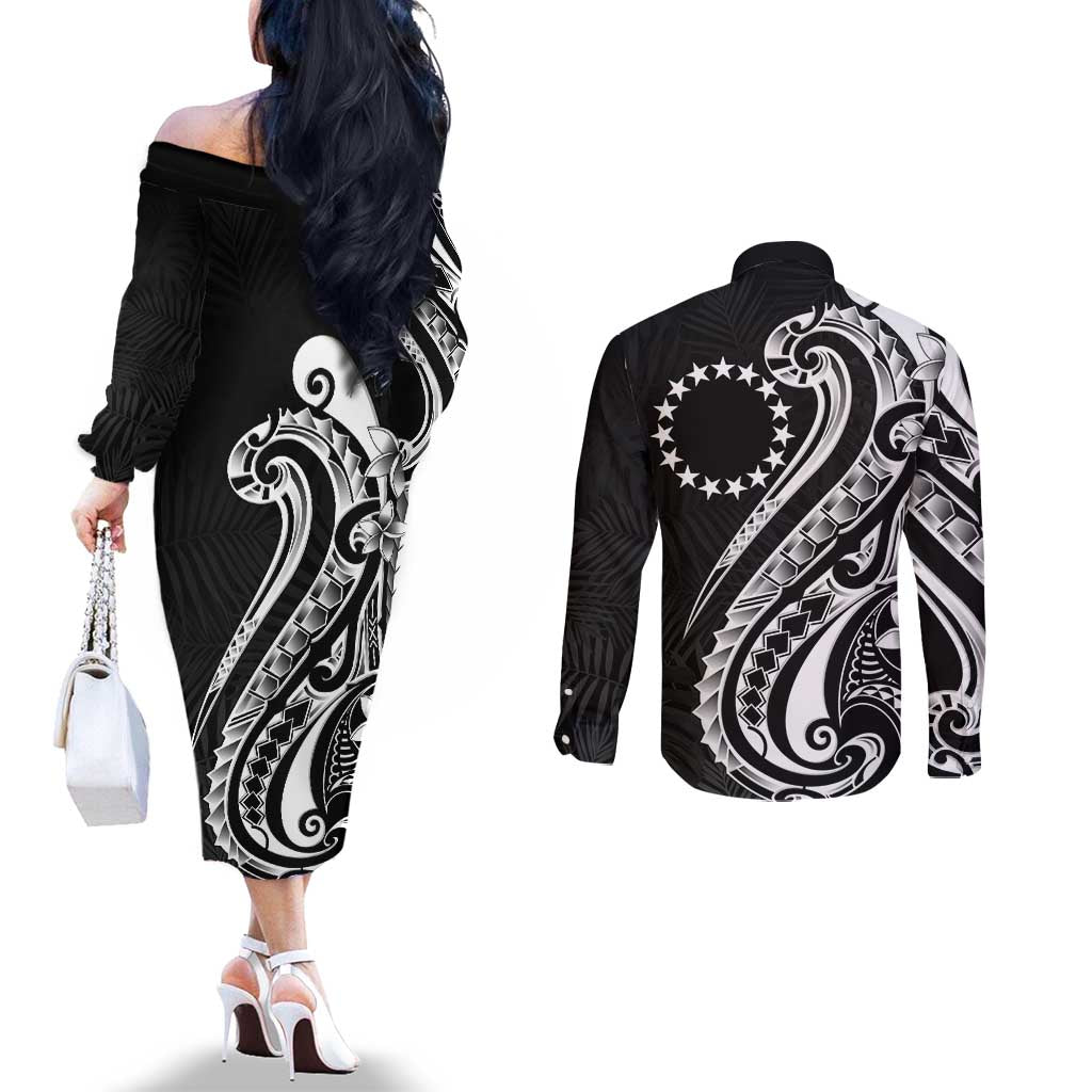 Kia Orana Cook Islands Couples Matching Off The Shoulder Long Sleeve Dress and Long Sleeve Button Shirt Kerekere Plumeria Tropical Waves LT7 - Polynesian Pride