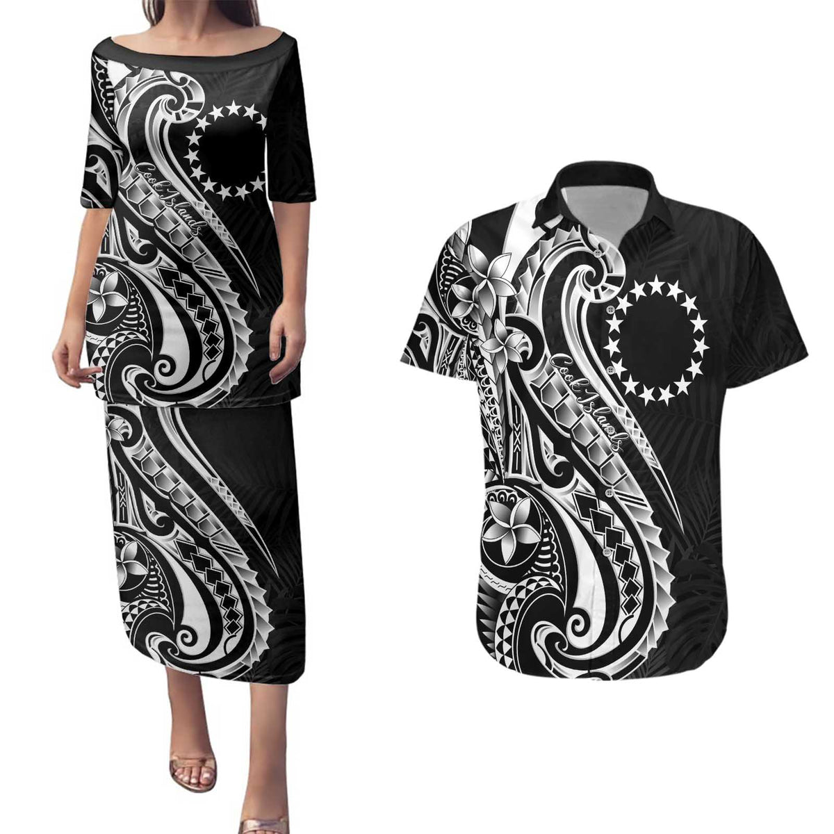 Kia Orana Cook Islands Couples Matching Puletasi and Hawaiian Shirt Kerekere Plumeria Tropical Waves LT7 Black - Polynesian Pride