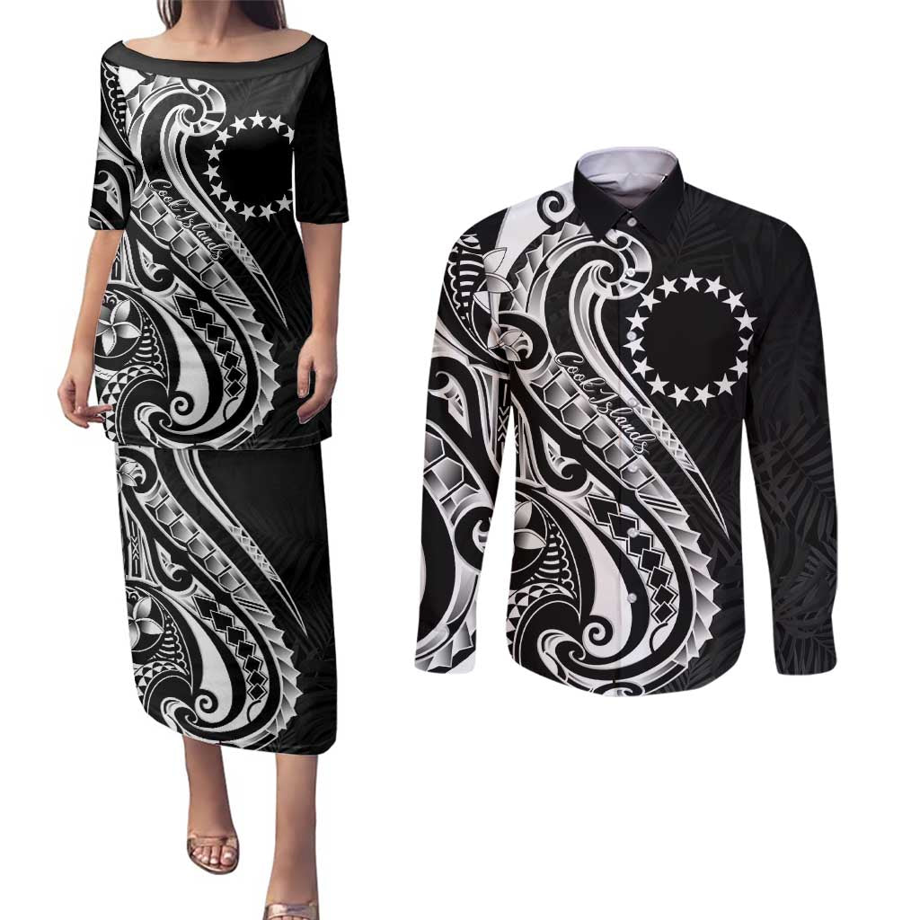 Kia Orana Cook Islands Couples Matching Puletasi and Long Sleeve Button Shirt Kerekere Plumeria Tropical Waves - Polynesian Pride