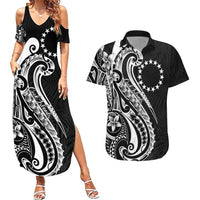 Kia Orana Cook Islands Couples Matching Summer Maxi Dress and Hawaiian Shirt Kerekere Plumeria Tropical Waves LT7 Black - Polynesian Pride