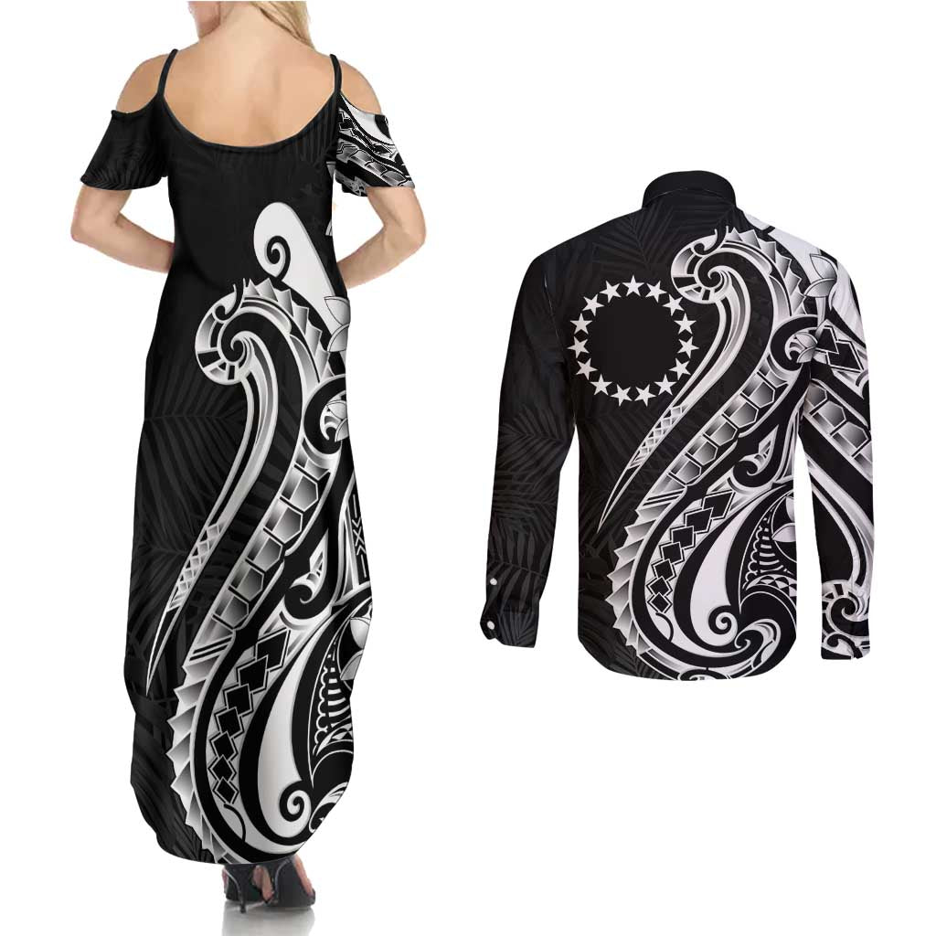 Kia Orana Cook Islands Couples Matching Summer Maxi Dress and Long Sleeve Button Shirt Kerekere Plumeria Tropical Waves LT7 - Polynesian Pride