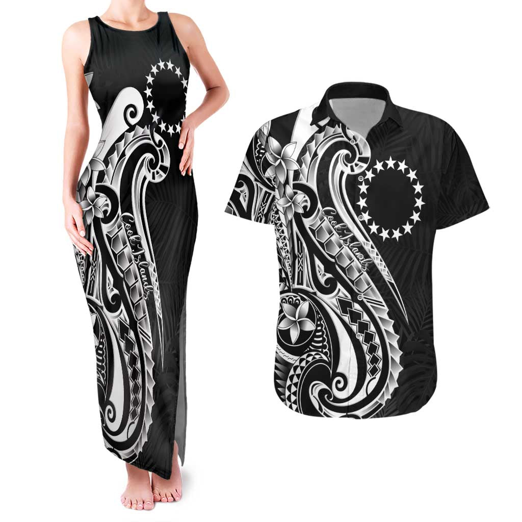 Kia Orana Cook Islands Couples Matching Tank Maxi Dress and Hawaiian Shirt Kerekere Plumeria Tropical Waves LT7 Black - Polynesian Pride