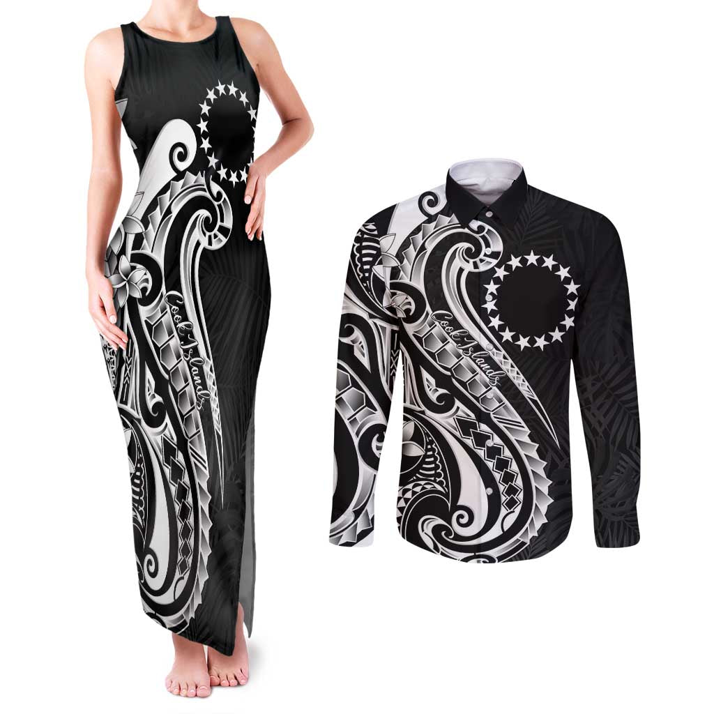 Kia Orana Cook Islands Couples Matching Tank Maxi Dress and Long Sleeve Button Shirt Kerekere Plumeria Tropical Waves LT7 Black - Polynesian Pride