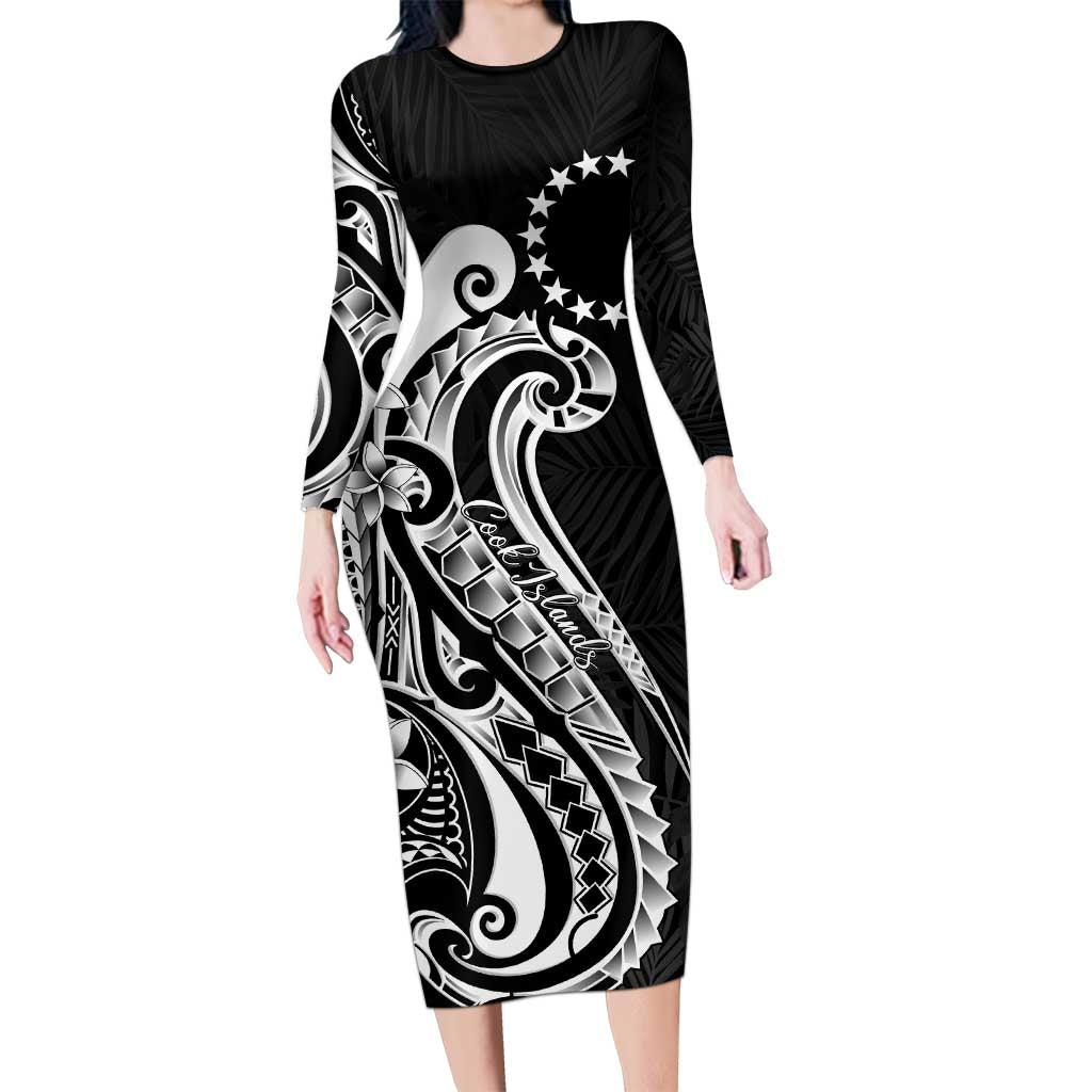 Kia Orana Cook Islands Family Matching Long Sleeve Bodycon Dress and Hawaiian Shirt Kerekere Plumeria Tropical Waves LT7 Mom's Dress Black - Polynesian Pride