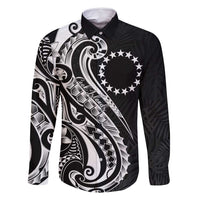Kia Orana Cook Islands Family Matching Mermaid Dress and Hawaiian Shirt Kerekere Plumeria Tropical Waves LT7 Dad's Shirt - Long Sleeve Black - Polynesian Pride