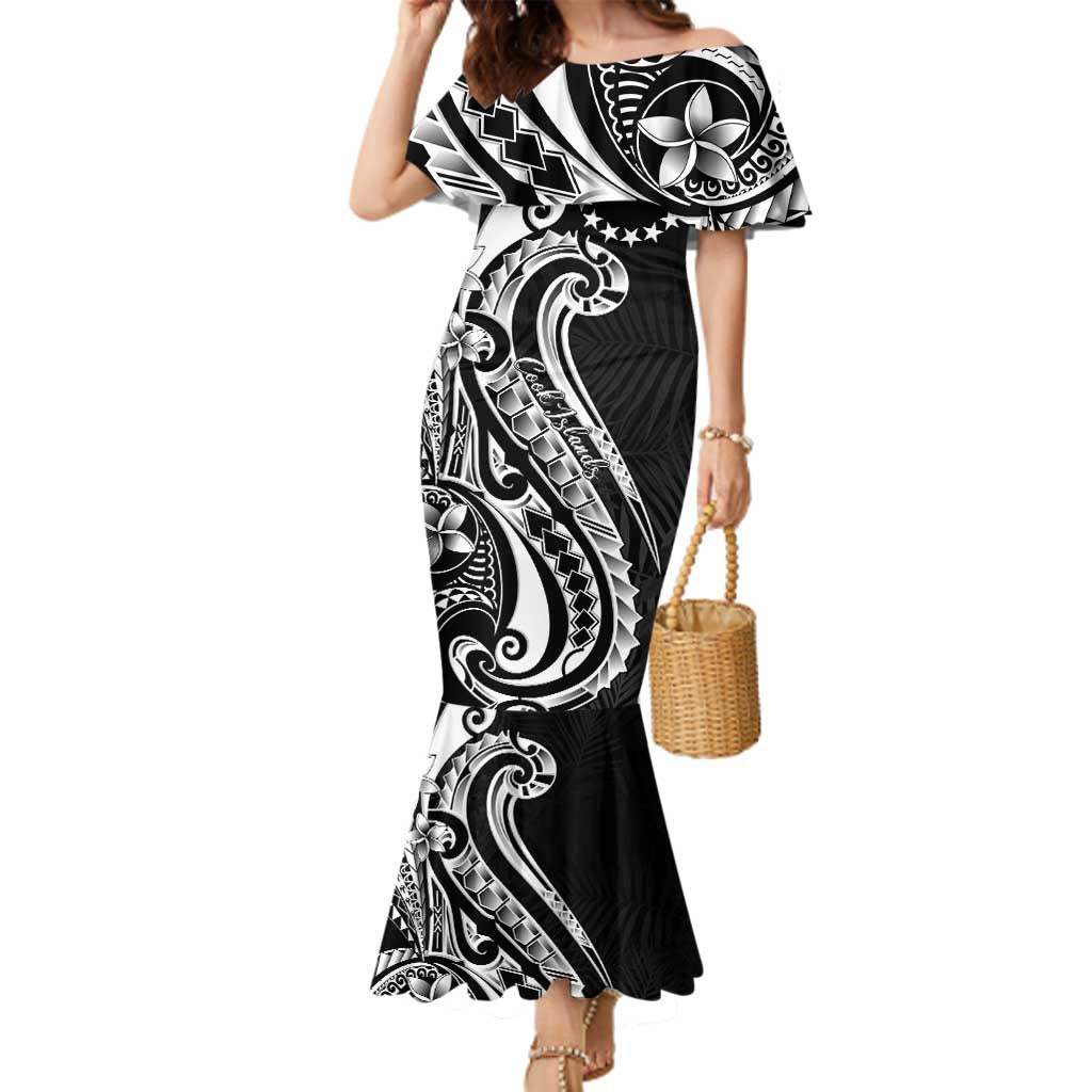 Kia Orana Cook Islands Family Matching Mermaid Dress and Hawaiian Shirt Kerekere Plumeria Tropical Waves LT7 Mom's Dress Black - Polynesian Pride