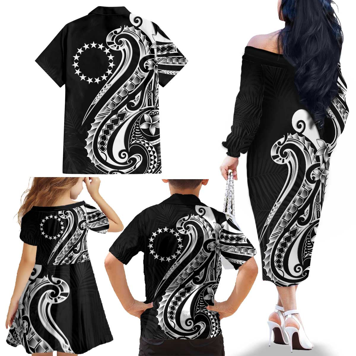 Kia Orana Cook Islands Family Matching Off The Shoulder Long Sleeve Dress and Hawaiian Shirt Kerekere Plumeria Tropical Waves LT7 - Polynesian Pride