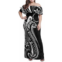 Kia Orana Cook Islands Family Matching Off Shoulder Maxi Dress and Hawaiian Shirt Kerekere Plumeria Tropical Waves LT7 Mom's Dress Black - Polynesian Pride