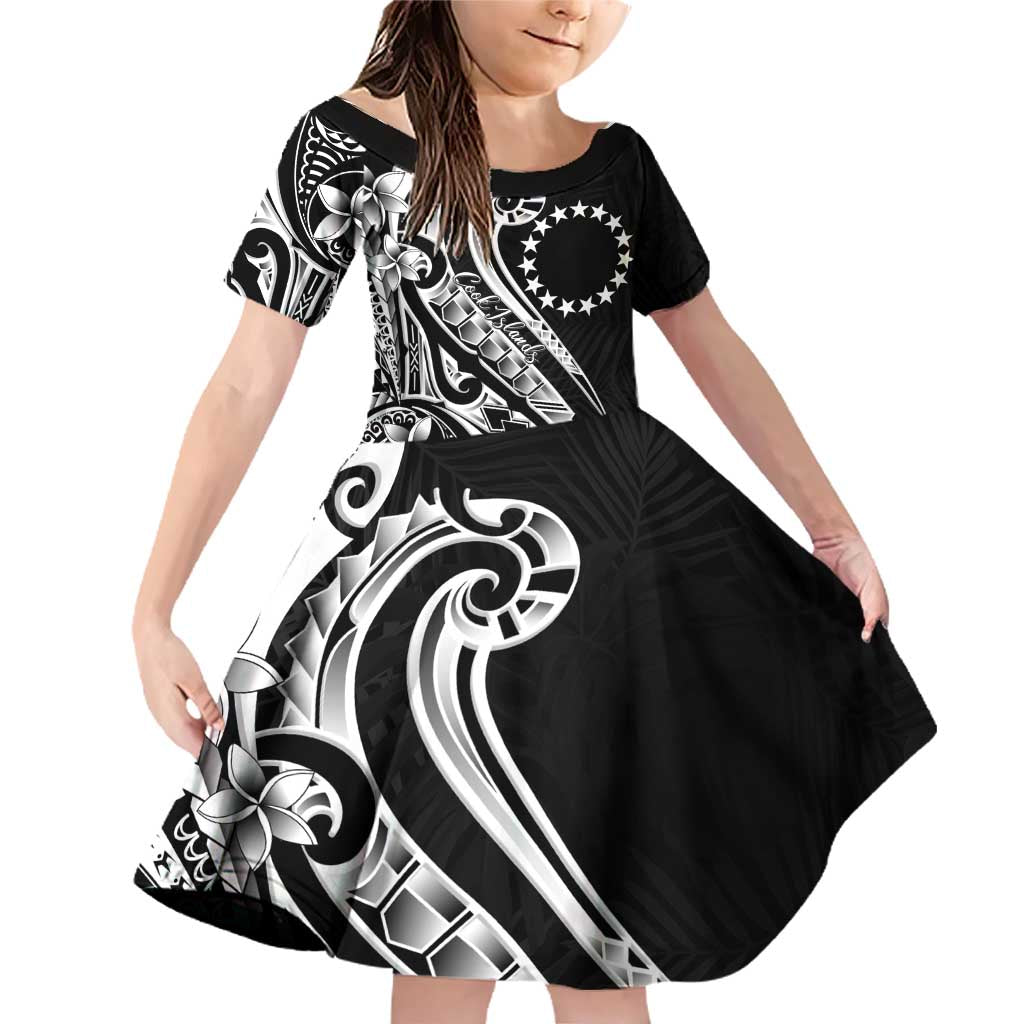 Kia Orana Cook Islands Family Matching Off Shoulder Short Dress and Hawaiian Shirt Kerekere Plumeria Tropical Waves LT7 Daughter's Dress Black - Polynesian Pride