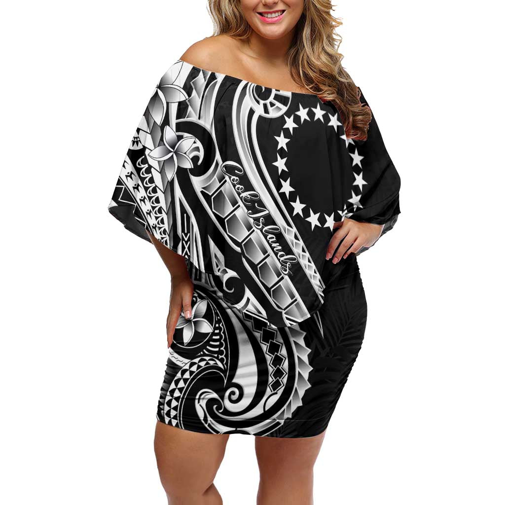 Kia Orana Cook Islands Family Matching Off Shoulder Short Dress and Hawaiian Shirt Kerekere Plumeria Tropical Waves LT7 Mom's Dress Black - Polynesian Pride