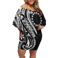 Kia Orana Cook Islands Family Matching Off Shoulder Short Dress and Hawaiian Shirt Kerekere Plumeria Tropical Waves LT7 Mom's Dress Black - Polynesian Pride