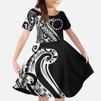 Kia Orana Cook Islands Family Matching Short Sleeve Bodycon Dress and Hawaiian Shirt Kerekere Plumeria Tropical Waves LT7 Daughter's Dress Black - Polynesian Pride
