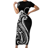 Kia Orana Cook Islands Family Matching Short Sleeve Bodycon Dress and Hawaiian Shirt Kerekere Plumeria Tropical Waves LT7 Mom's Dress Black - Polynesian Pride