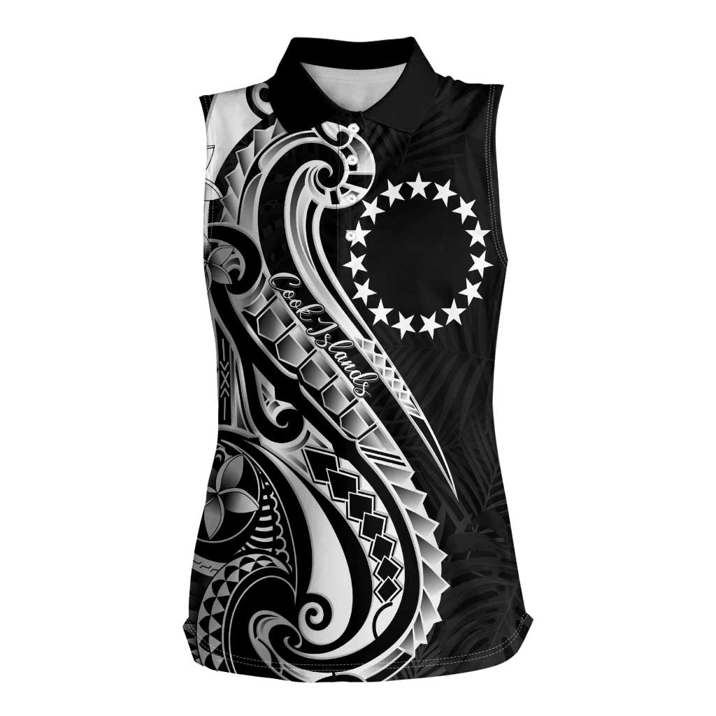 Kia Orana Cook Islands Women Sleeveless Polo Shirt Kerekere Plumeria Tropical Waves LT7 Female Black - Polynesian Pride