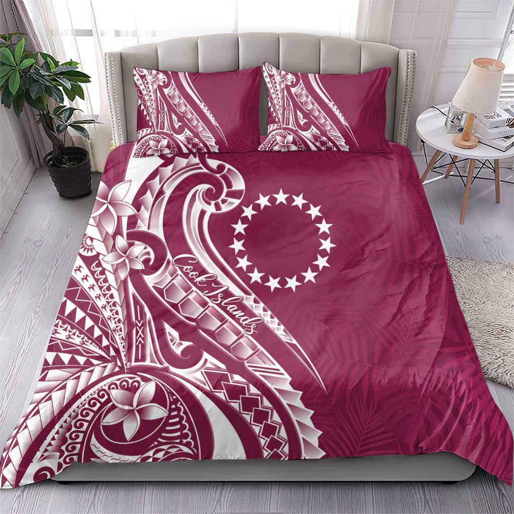 Kia Orana Cook Islands Bedding Set Maroon Plumeria Tropical Waves - Polynesian Pride