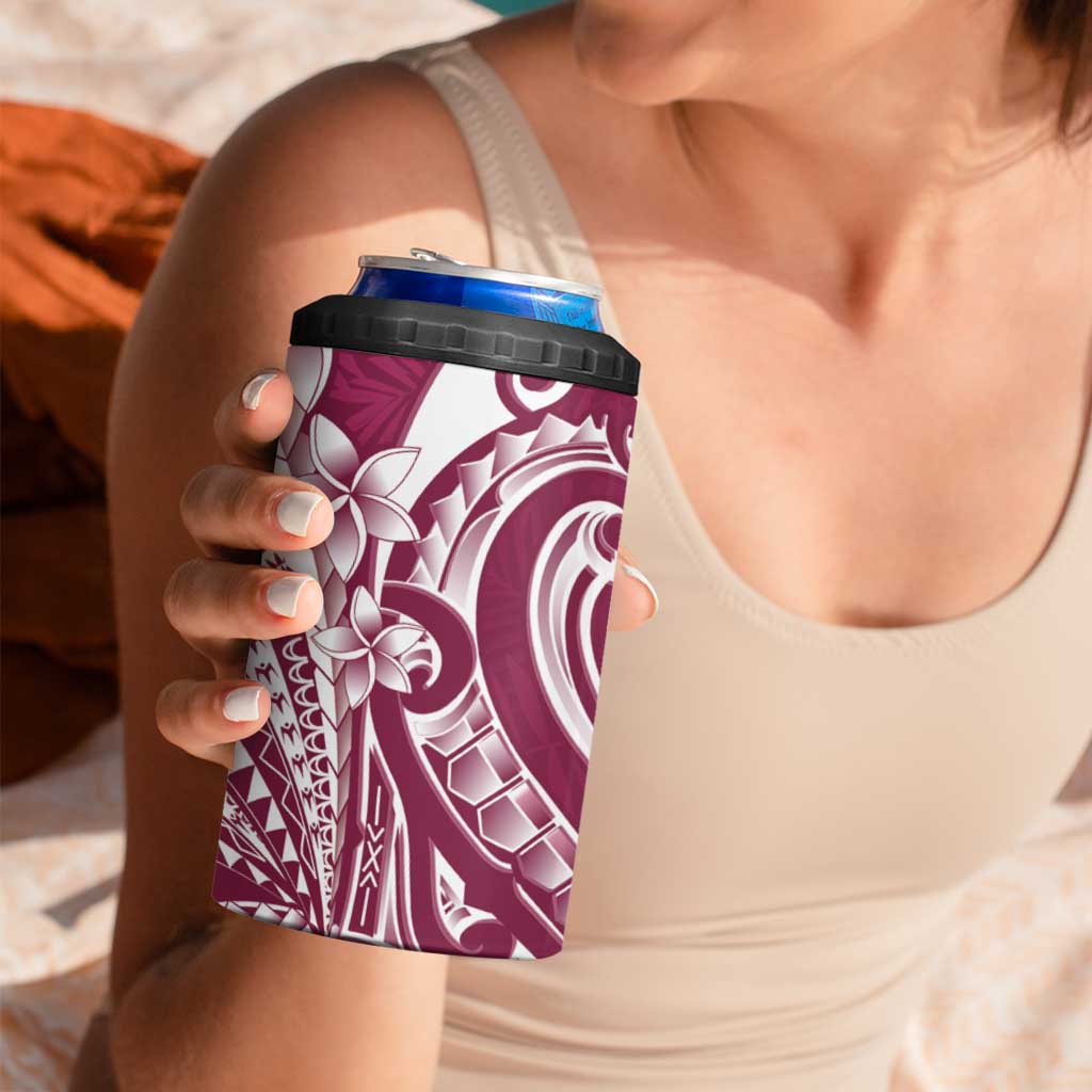 Kia Orana Cook Islands 4 in 1 Can Cooler Tumbler Maroon Plumeria Tropical Waves - Polynesian Pride