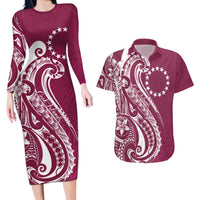 Kia Orana Cook Islands Couples Matching Long Sleeve Bodycon Dress and Hawaiian Shirt Maroon Plumeria Tropical Waves LT7 Maroon - Polynesian Pride