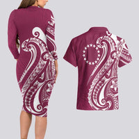Kia Orana Cook Islands Couples Matching Long Sleeve Bodycon Dress and Hawaiian Shirt Maroon Plumeria Tropical Waves LT7 - Polynesian Pride