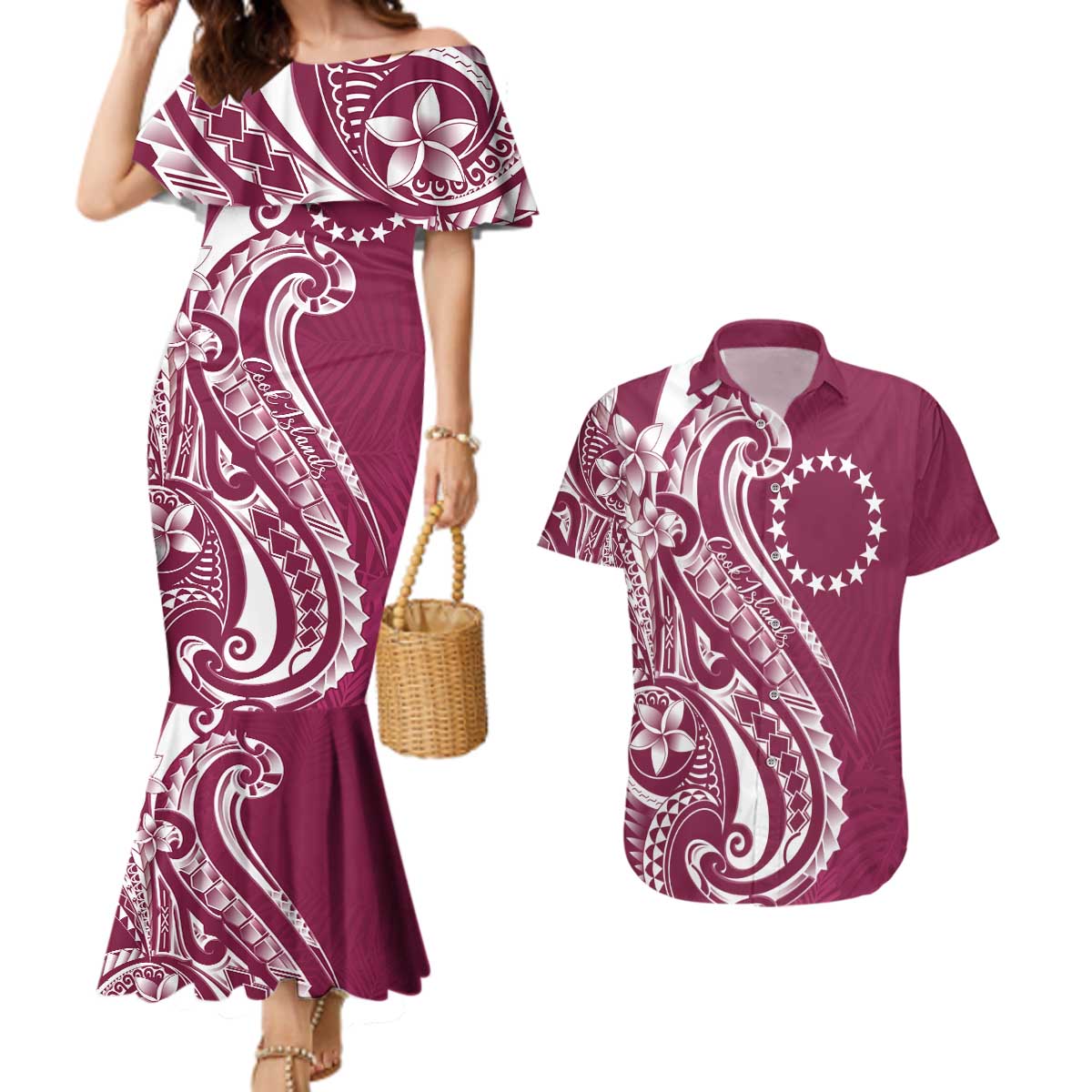 Kia Orana Cook Islands Couples Matching Mermaid Dress and Hawaiian Shirt Maroon Plumeria Tropical Waves LT7 Maroon - Polynesian Pride
