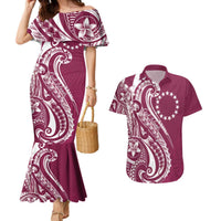 Kia Orana Cook Islands Couples Matching Mermaid Dress and Hawaiian Shirt Maroon Plumeria Tropical Waves LT7 Maroon - Polynesian Pride