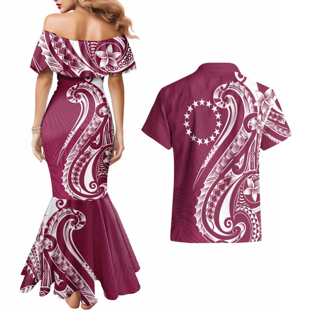 Kia Orana Cook Islands Couples Matching Mermaid Dress and Hawaiian Shirt Maroon Plumeria Tropical Waves LT7 - Polynesian Pride
